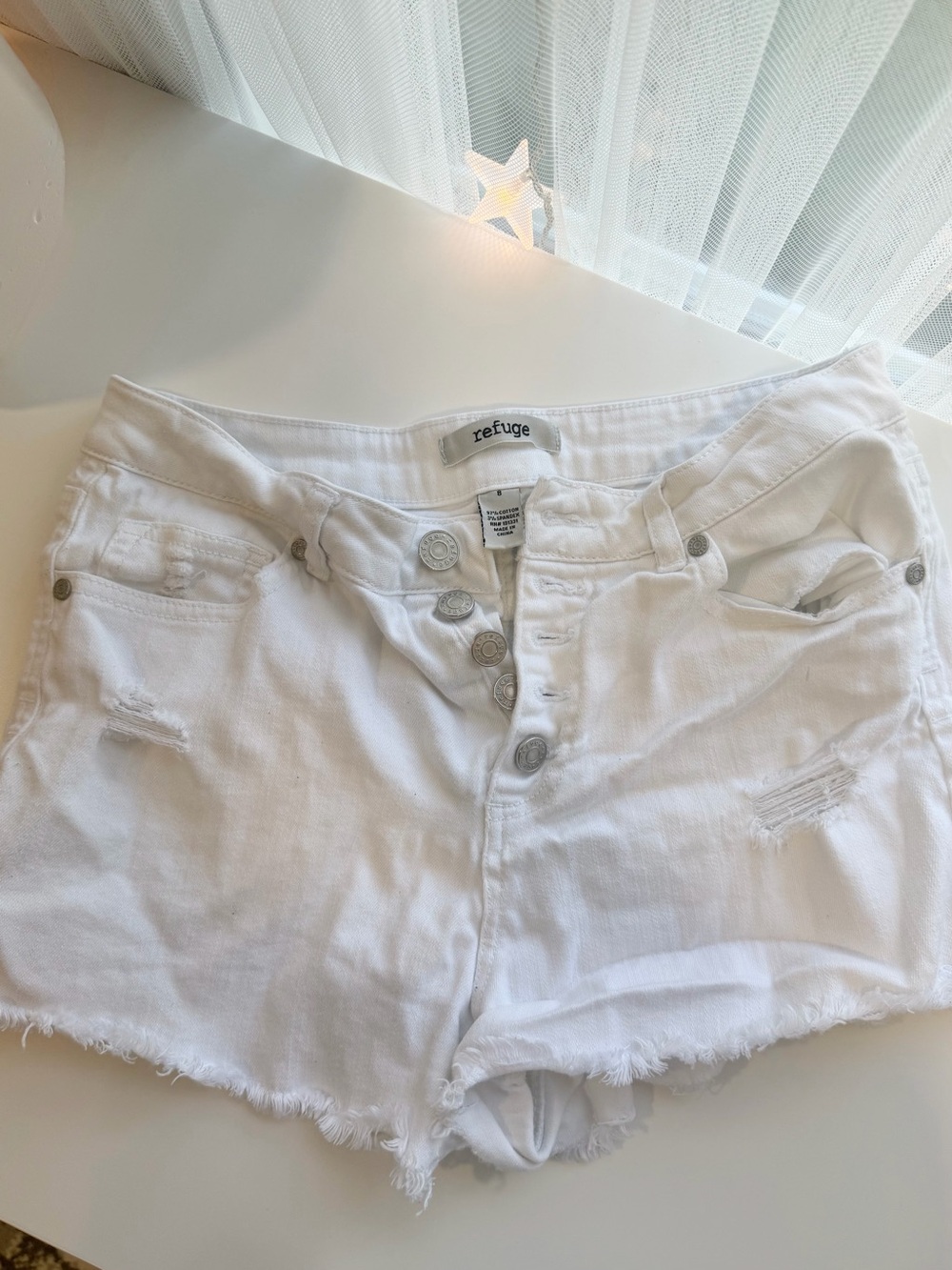 refuge White Distressed Button-Fly Denim Shorts
